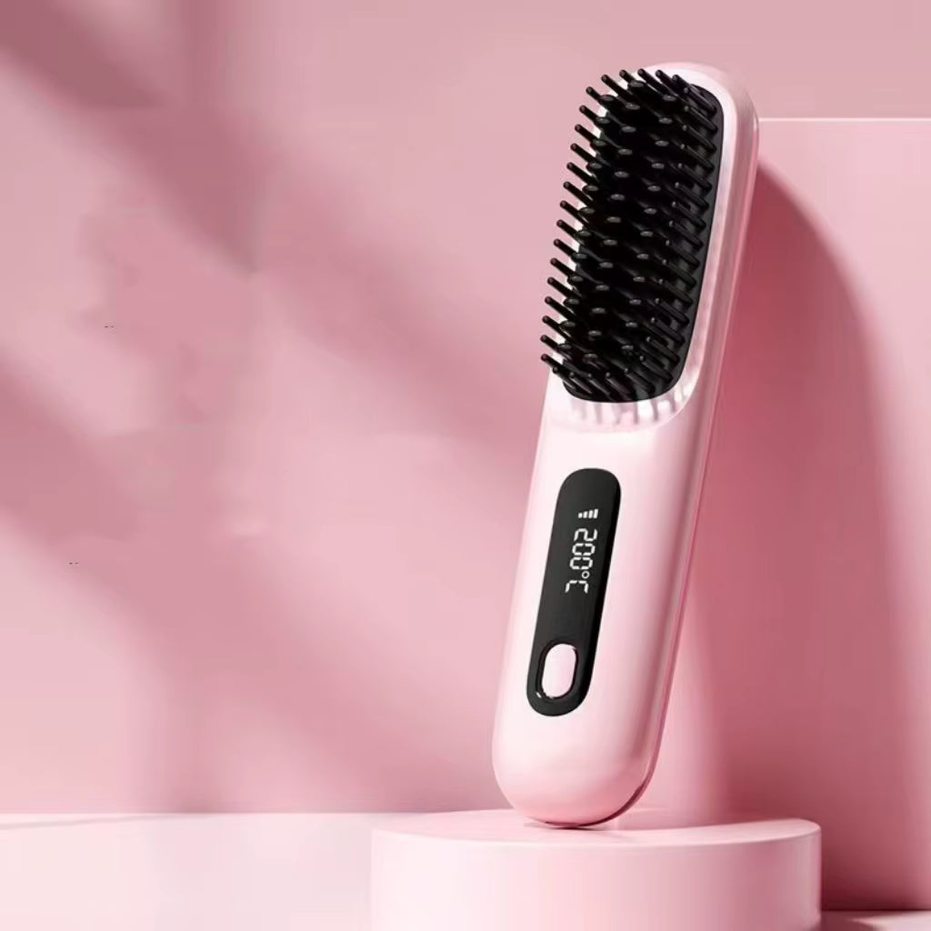 Cordless Hair Straightener Brush – USB Rechargeable, Anti-Scald, LED Display