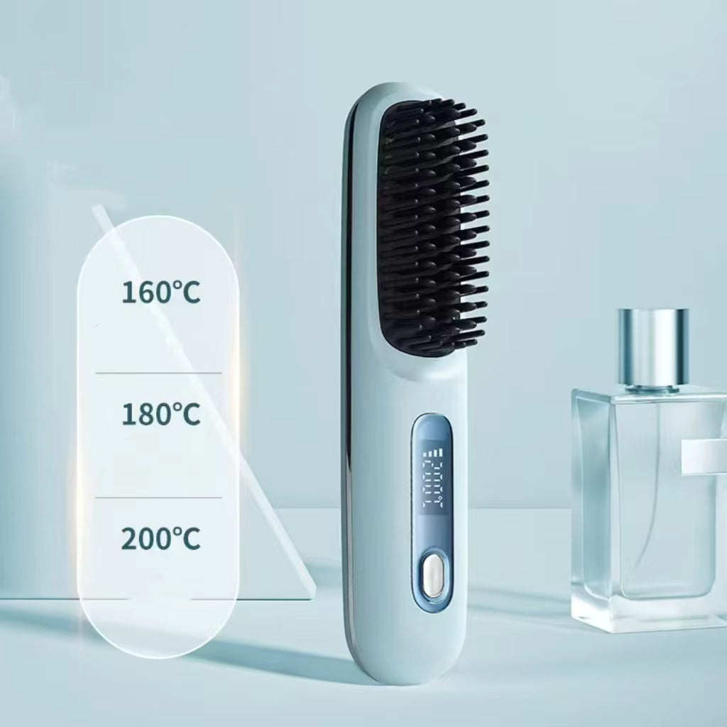 Cordless Hair Straightener Brush – USB Rechargeable, Anti-Scald, LED Display