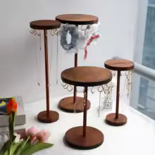 Walnut Wood Jewelry Organizer Display Stand - Necklace, Earring & Bracelet Holder Set