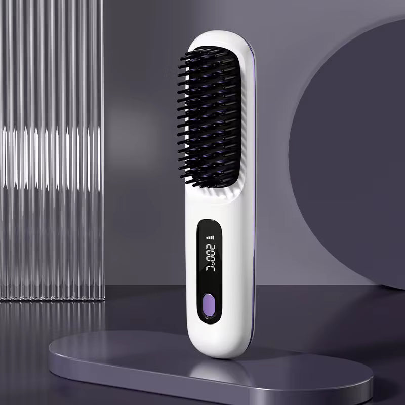 Cordless Hair Straightener Brush – USB Rechargeable, Anti-Scald, LED Display